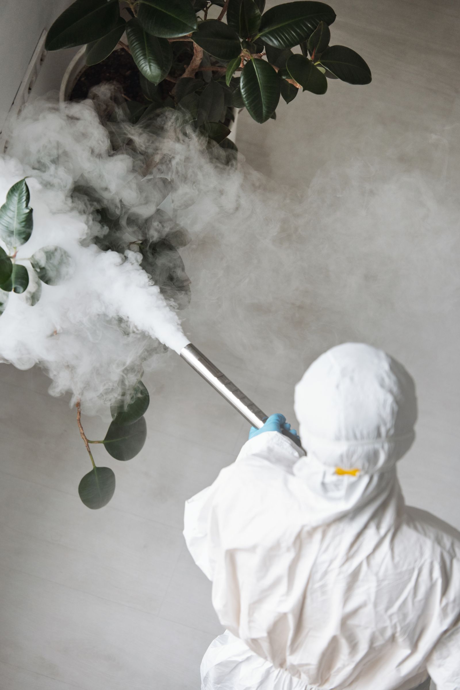Technicien anti-nuisibles en combinaison de protection lors d'une intervention